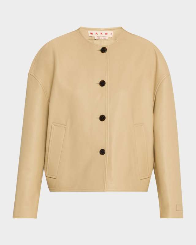 Leather Single-Breasted Collarless Jacket